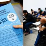 Estudante consulta celular com o cartão de confirmação do Encceja