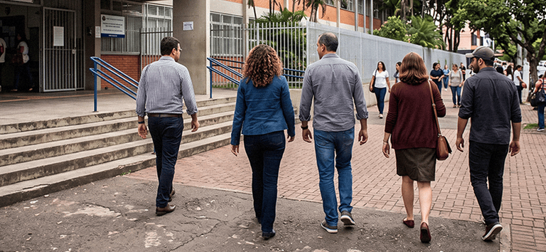 Participantes caminham em direção a prédio de aplicação da PND