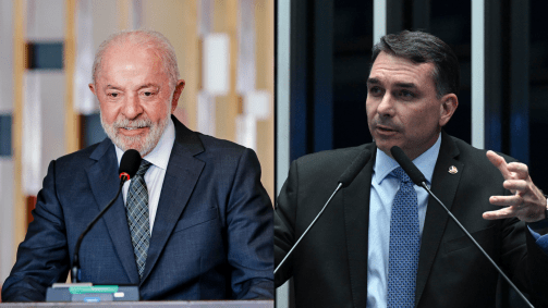 Lula e Flávio Bolsonaro em montagem usada na cobertura da pesquisa Quaest