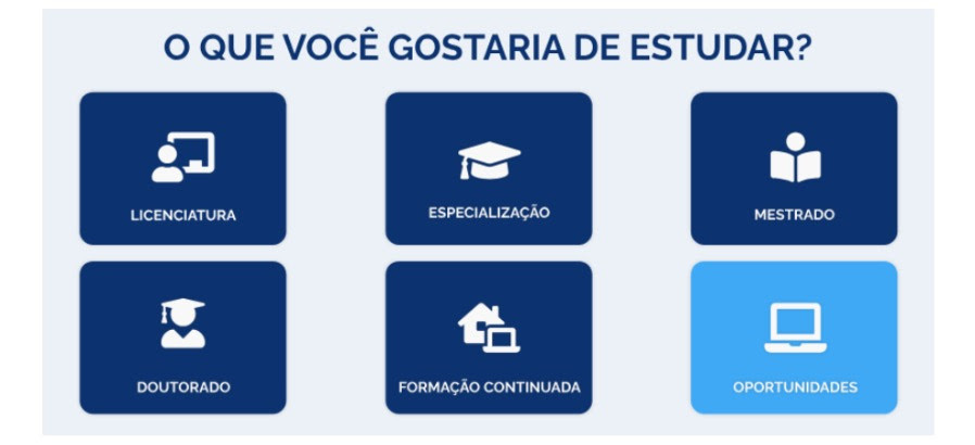 Tela do Portal Formação Mais Professores com opções de licenciatura, especialização, mestrado, doutorado e oportunidades